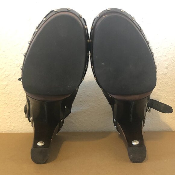 UGG Heels Women's Size 8.5 Black Leather Studded CALF HAIR Nicco Shoes Peep Toe - Picture 2 of 11